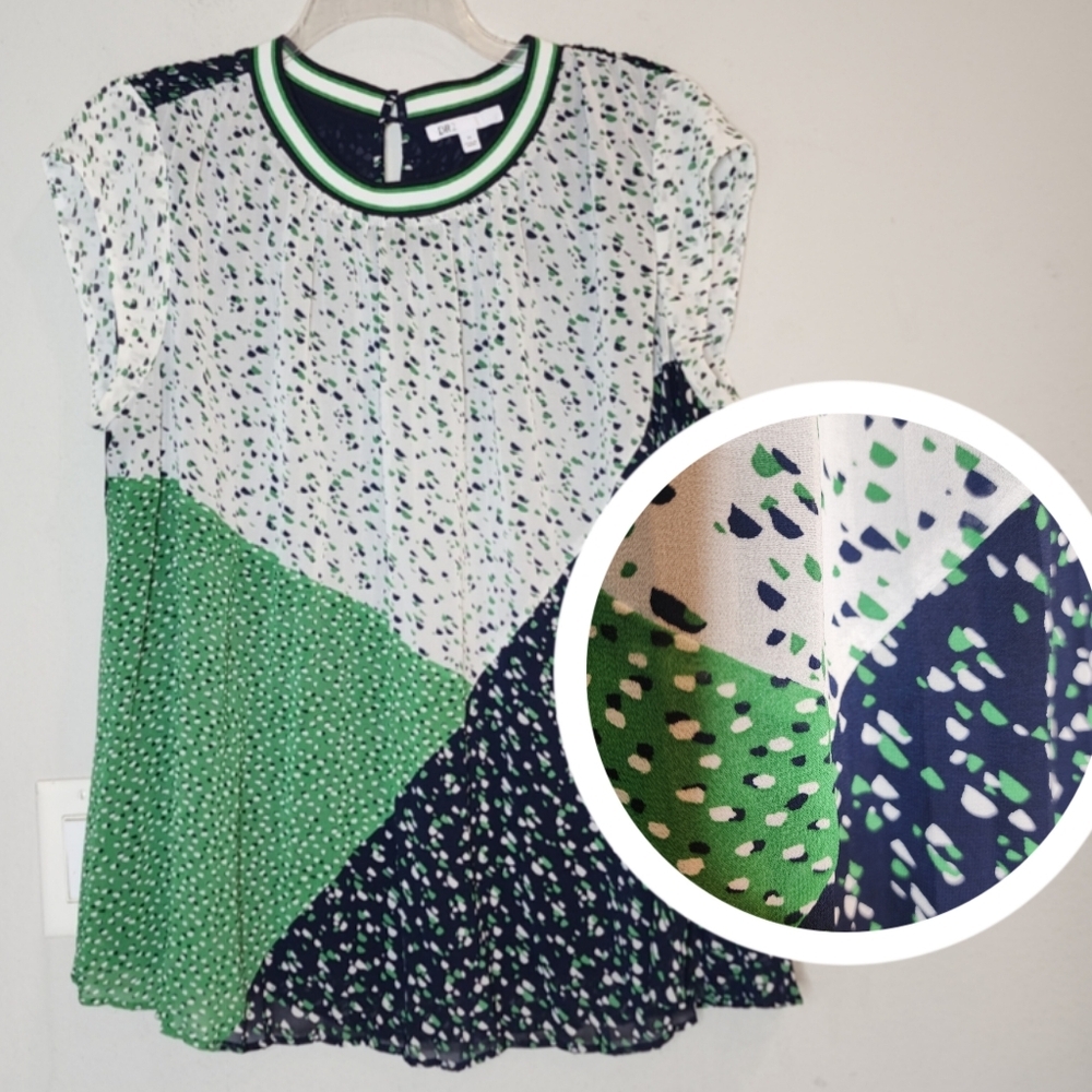 DR2 Accordion Pleat Blouse Shirt Blue Green White Size 1X Flowy Nordstrom